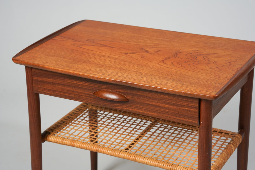 Nightstand with rattan magazine rack, Denmark, 1960s