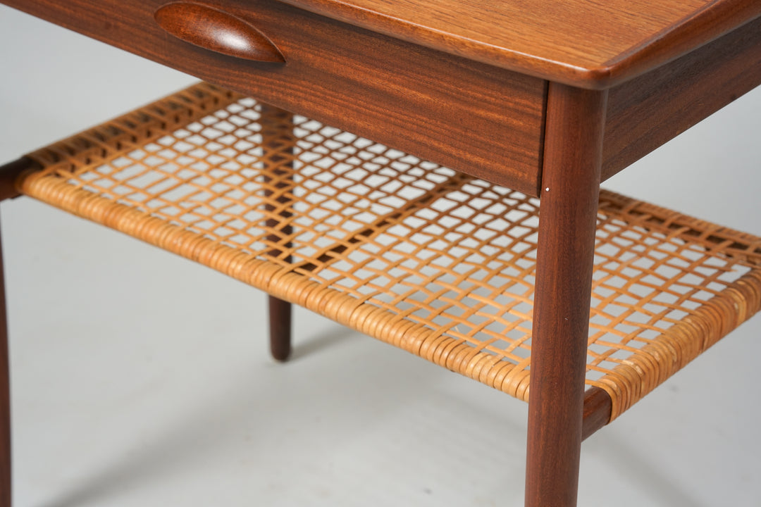 Nightstand with rattan magazine rack, Denmark, 1960s