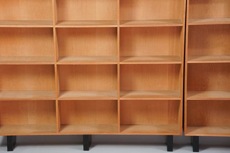 Big bookshelf made of two parts. The first part is three shelves wide and the second two shelves wide. Both are six shelves high.