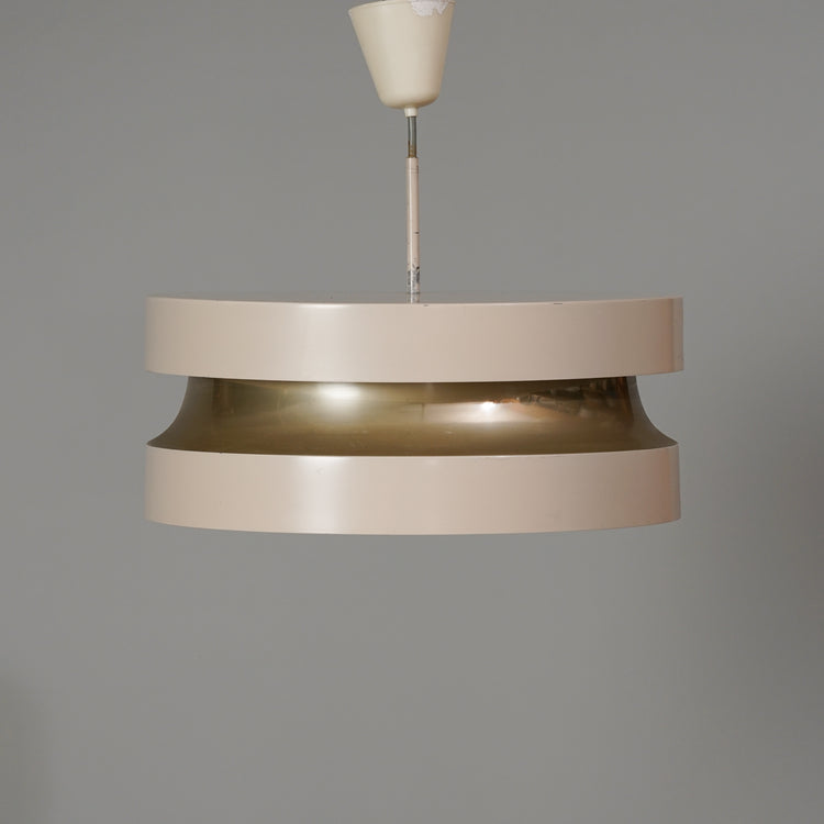 White ceiling lamp made of metal with a thinner part in the middle that is acrylic. 