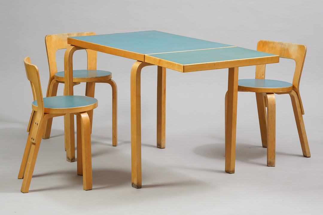 Alvar Aalto dining set, model DL 82 folding table & 3 pcs model 65 chairs, OY Huonekalu- ja Rakennustyotehdas AB, 1950s